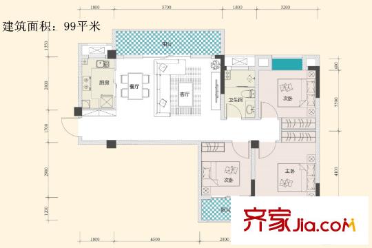 F、綠島1、2、3、4、5、7、9、12、15號樓B2戶型 3室2廳1衛(wèi)1廚
