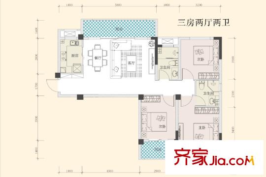 F、綠島1、2、3、5、7、9、12、15號樓C1戶型 3室2廳2衛(wèi)1廚