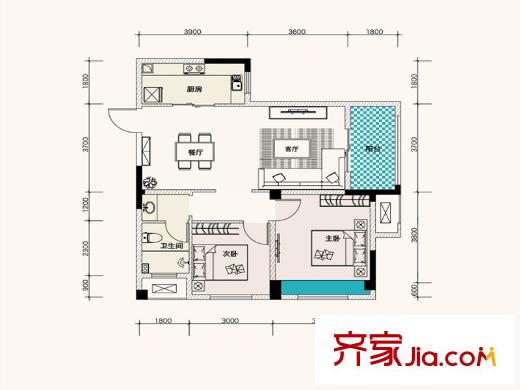 F、綠島11、13棟A4戶型87平 2室2廳1衛(wèi)1廚