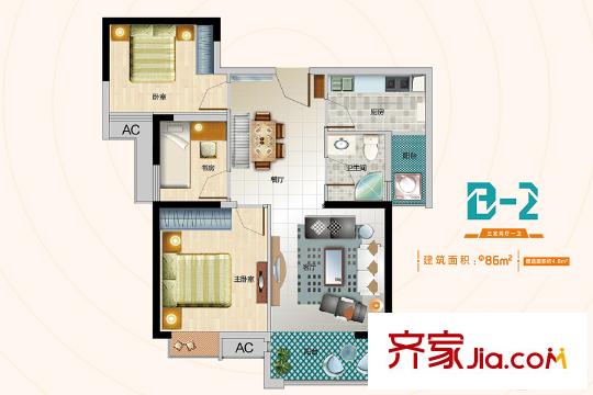 哈樓2號樓B-2戶型 3室2廳1衛(wèi)1廚