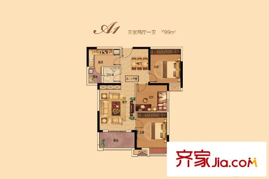 中建御景星城1號樓A1戶型 3室2廳1衛(wèi)1廚