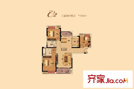中建御景星城1、3號樓C2戶型 3室2廳2衛(wèi)1廚