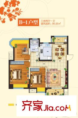 龍臺二期桃源B1、B3-B6、B8、B9、B11-B14、B16棟B1戶型 3室2廳1衛(wèi)1廚