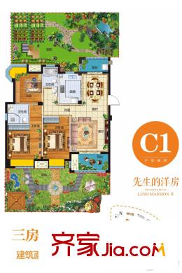 龍臺(tái)二期桃源C1前庭后院戶型 3室2廳2衛(wèi)1廚