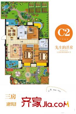 龍臺(tái)二期桃源C2前庭后院戶型 3室2廳1衛(wèi)1廚