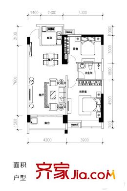 華天明珠紫陽(yáng)府1號(hào)樓A-2戶型 2室2廳1衛(wèi)1廚