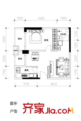 華天明珠紫陽府1號樓C戶型 1室2廳1衛(wèi)1廚