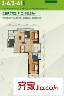 健龍果嶺公元3號樓3-A/3-A1戶型 2室2廳2衛(wèi)1廚