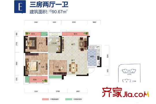 御水華城22號樓E戶型 3室2廳1衛(wèi)1廚