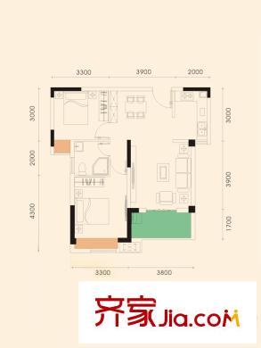 學(xué)府麗城2、3、5號樓B戶型 2室2廳1衛(wèi)1廚