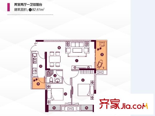 漢口湖畔三期3、4號樓82平2A戶型 2室2廳1衛(wèi)1廚