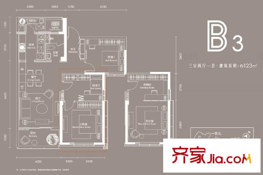 武漢天地盛薈B3戶型 3室2廳1衛(wèi)1廚