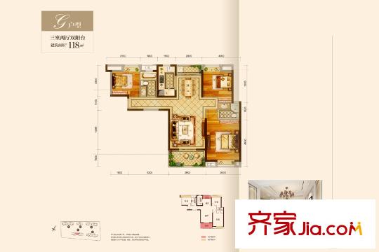 遠洋心漢口?御峰4號樓G戶型 3室2廳2衛(wèi)1廚