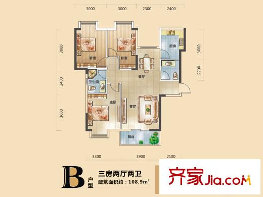 金鑫國際1期5號(hào)樓B戶型（售完） 3室2廳2衛(wèi)1廚