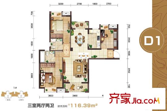幸福灣k7地塊1號樓D1戶型 3室2廳2衛(wèi)1廚