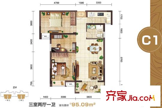 幸福灣k7地塊2號樓C1戶型 3室2廳1衛(wèi)1廚