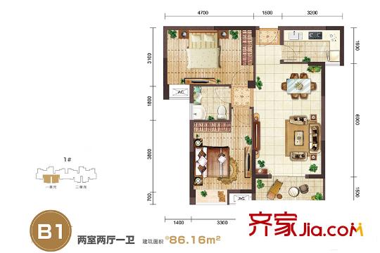 幸福灣k7地塊1號樓B1戶型 2室2廳1衛(wèi)1廚