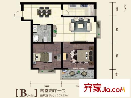 百德?尚景1號樓B戶型 2室2廳1衛(wèi)1廚