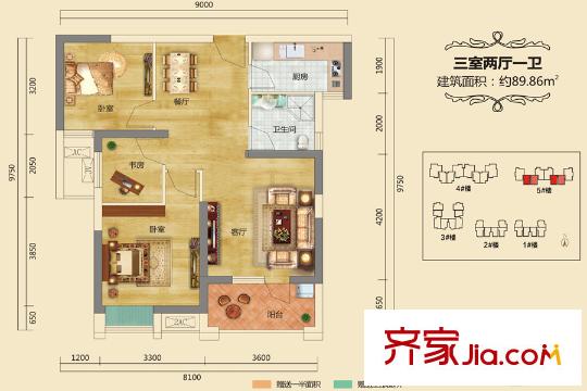 瑞景天成5號樓B戶型 3室2廳1衛(wèi)1廚