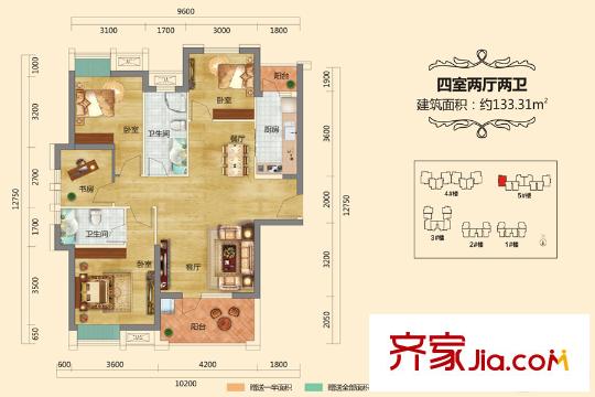 瑞景天成5號樓D戶型 4室2廳2衛(wèi)1廚