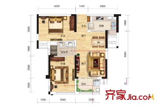 名流世家1號(hào)樓73平戶型 2室2廳1衛(wèi)1廚
