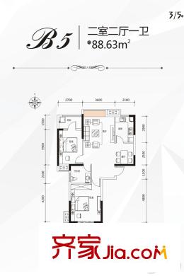 萬福國際廣場3、5號樓B5戶型 2室2廳1衛(wèi)1廚