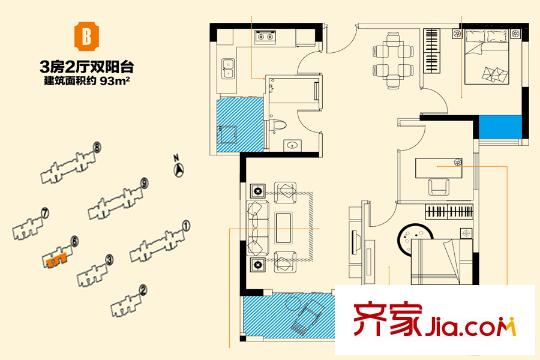 盤龍理想城6、7號樓B戶型 3室2廳1衛(wèi)1廚