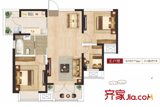 農(nóng)房上海公館4號樓E戶型 3室2廳1衛(wèi)1廚