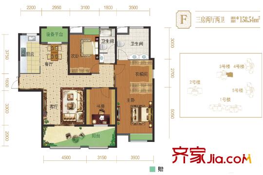 翰林紫園3號樓F戶型 3室5廳5衛(wèi)1廚