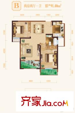 翰林紫園1號樓B戶型 2室2廳1衛(wèi)1廚