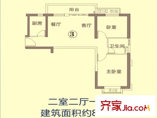 恒大御景灣4、6號(hào)樓3號(hào)房戶型 2室2廳1衛(wèi)1廚