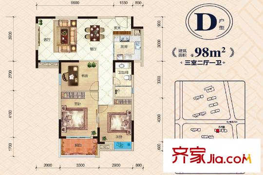 聯(lián)投漢口郡5、6號樓D戶型 3室2廳1衛(wèi)1廚