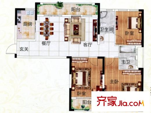 聯(lián)投漢口郡3號樓10號樓G3戶型 3室2廳2衛(wèi)1廚