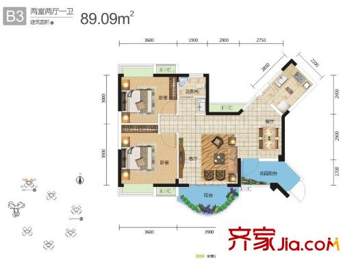 武漢國(guó)博新城2、3號(hào)樓B3戶型 2室2廳1衛(wèi)1廚