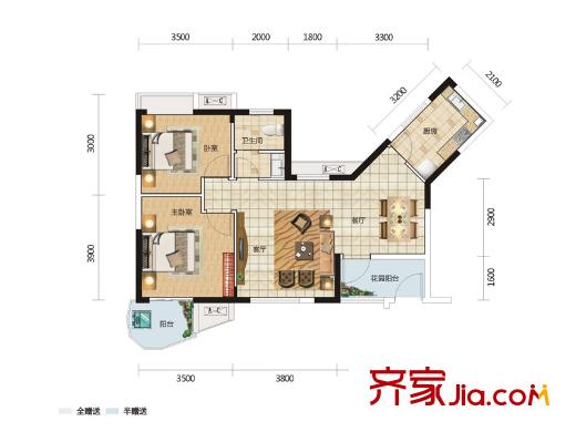 武汉国博新城5,6号楼b1户型 2室2厅1卫1厨