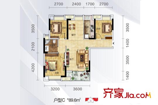 朗詩(shī)里程19、21號(hào)樓C戶(hù)型 3室2廳1衛(wèi)1廚
