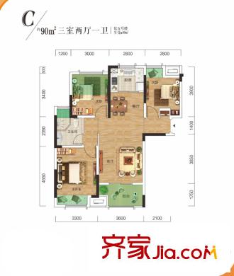 朗詩(shī)里程二期5號(hào)樓C戶(hù)型 3室2廳1衛(wèi)1廚