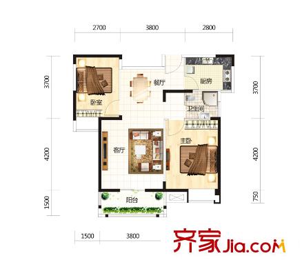 中國(guó)鐵建國(guó)際城3、4、9、15、16號(hào)樓A2戶型 2室2廳1衛(wèi)1廚