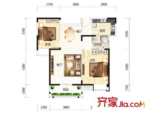 中國(guó)鐵建國(guó)際城5、20、21號(hào)樓A2戶型 2室2廳1衛(wèi)1廚