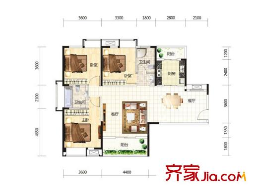 中國(guó)鐵建國(guó)際城8、19號(hào)樓C1戶型 3室2廳2衛(wèi)1廚