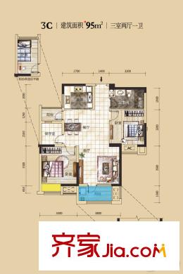 金地瀾菲溪岸17號(hào)樓3C戶(hù)型 3室2廳1衛(wèi)1廚