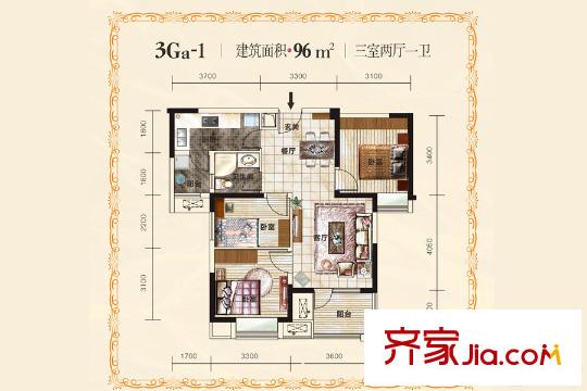 金地瀾菲溪岸E25號(hào)樓3Ga-1戶(hù)型 3室2廳1衛(wèi)1廚