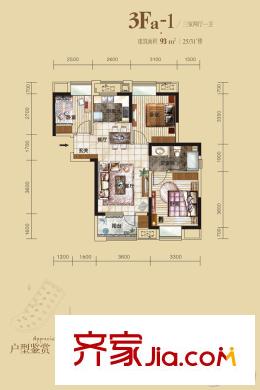 金地瀾菲溪岸25號(hào)樓3Fa-1戶(hù)型 3室2廳1衛(wèi)1廚