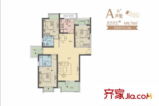 世茂錦繡長(zhǎng)江五期6號(hào)樓A戶型 3室2廳2衛(wèi)1廚