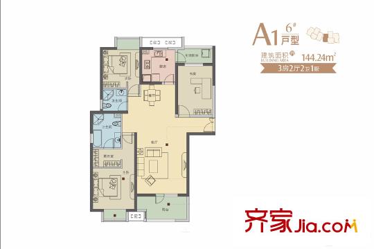 世茂錦繡長(zhǎng)江五期6號(hào)樓A1戶型 3室2廳2衛(wèi)1廚