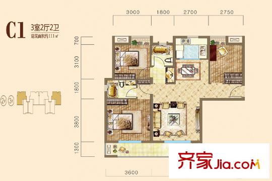 漢北璽園2、3號(hào)樓C1戶型 3室2廳2衛(wèi)1廚