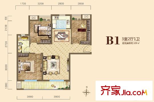 漢北璽園1、2、3號樓B1戶型 3室2廳1衛(wèi)1廚