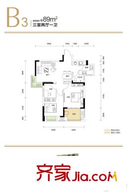融創(chuàng)公園壹號(hào)K4地塊4號(hào)樓B3戶型 3室2廳1衛(wèi)1廚