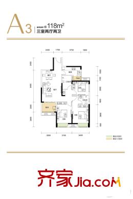 融創(chuàng)公園壹號K4地塊2、3號樓A3戶型 3室2廳2衛(wèi)1廚