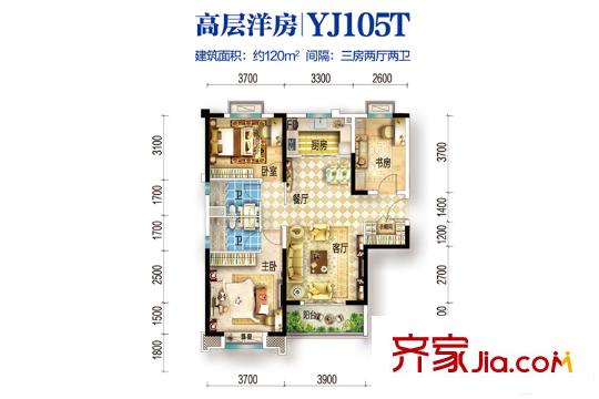 碧桂園生態(tài)城左岸2、6、7、8、12號(hào)樓YJ105T120平 3室2廳2衛(wèi)1廚